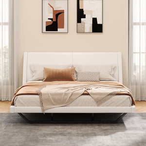 English Elm Queen Pu Leather Platform Bed Sculptural Wave Base Floating Silhouette Modern Bedroom White N761S0000032W