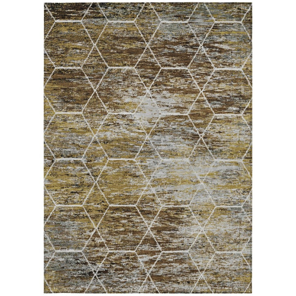 HomeRoots 5' X 8' Indoor Outdoor Geometric Area Rug in Brown, Gold & Ivory - Durable, Washable & Stylish! 618860
