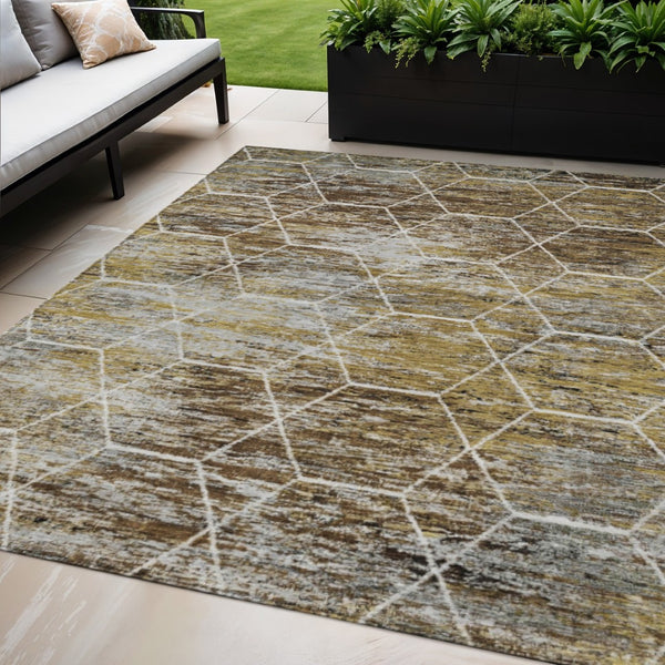 HomeRoots 5' X 8' Indoor Outdoor Geometric Area Rug in Brown, Gold & Ivory - Durable, Washable & Stylish! 618860