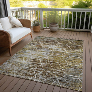 HomeRoots 5' X 8' Indoor Outdoor Geometric Area Rug in Brown, Gold & Ivory - Durable, Washable & Stylish! 618860