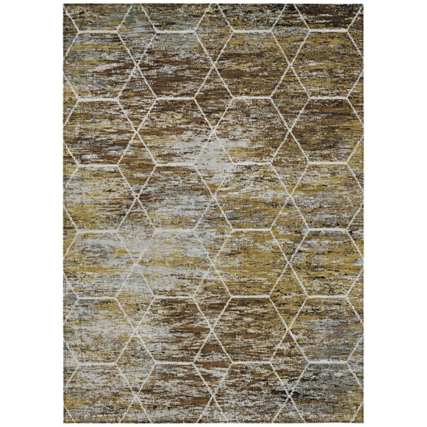 HomeRoots 5' X 8' Indoor Outdoor Geometric Area Rug in Brown, Gold & Ivory - Durable, Washable & Stylish! 618860