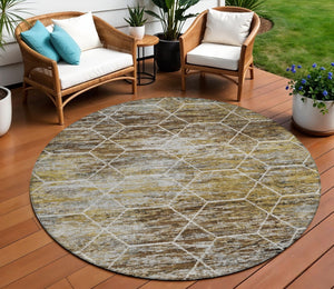 HomeRoots 8' Round Indoor Outdoor Area Rug in Brown, Gold & Ivory - Stylish, Washable, Geometric Design 618861
