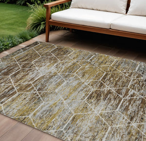HomeRoots 9' Geometric Indoor Outdoor Area Rug in Brown, Gold, Ivory - Washable, Stain-Resistant, Versatile Design 618863