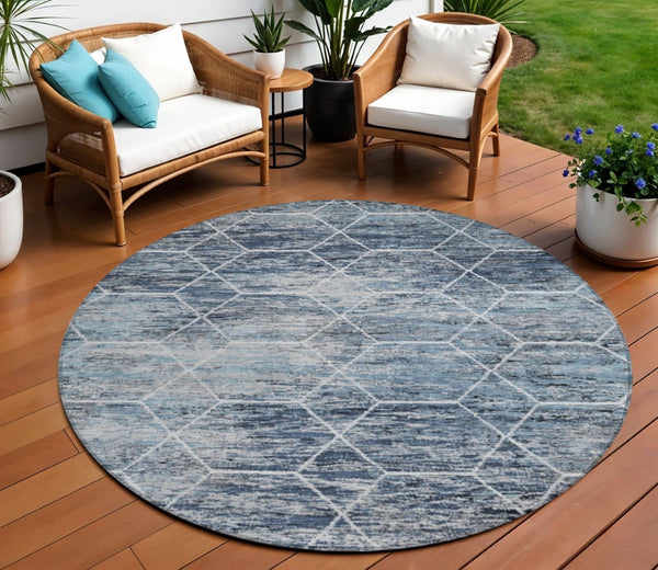 HomeRoots 8' Blue Gray Ivory Round Area Rug - Stylish Geometric Design, Washable & Durable for Indoor/Outdoor Use 618867