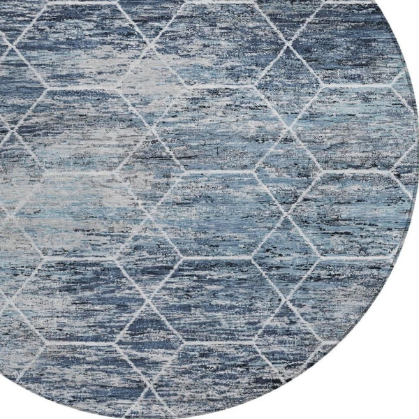 HomeRoots 8' Blue Gray Ivory Round Area Rug - Stylish Geometric Design, Washable & Durable for Indoor/Outdoor Use 618867