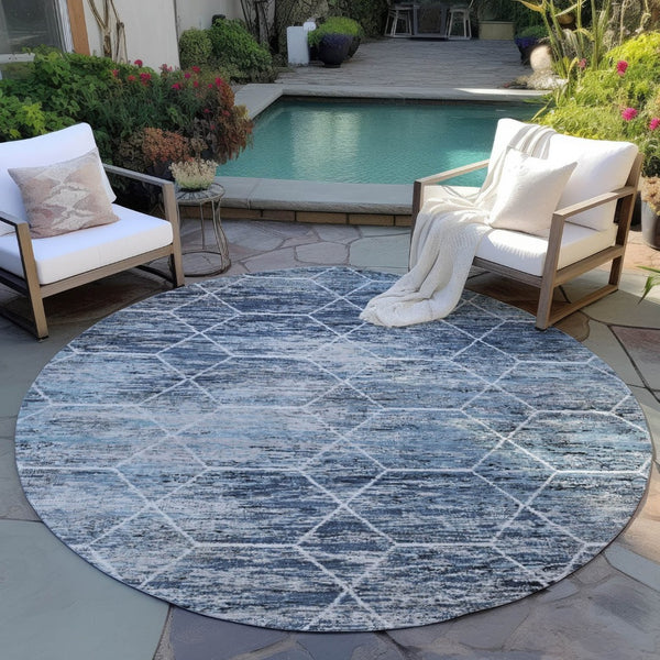 HomeRoots 8' Blue Gray Ivory Round Area Rug - Stylish Geometric Design, Washable & Durable for Indoor/Outdoor Use 618867