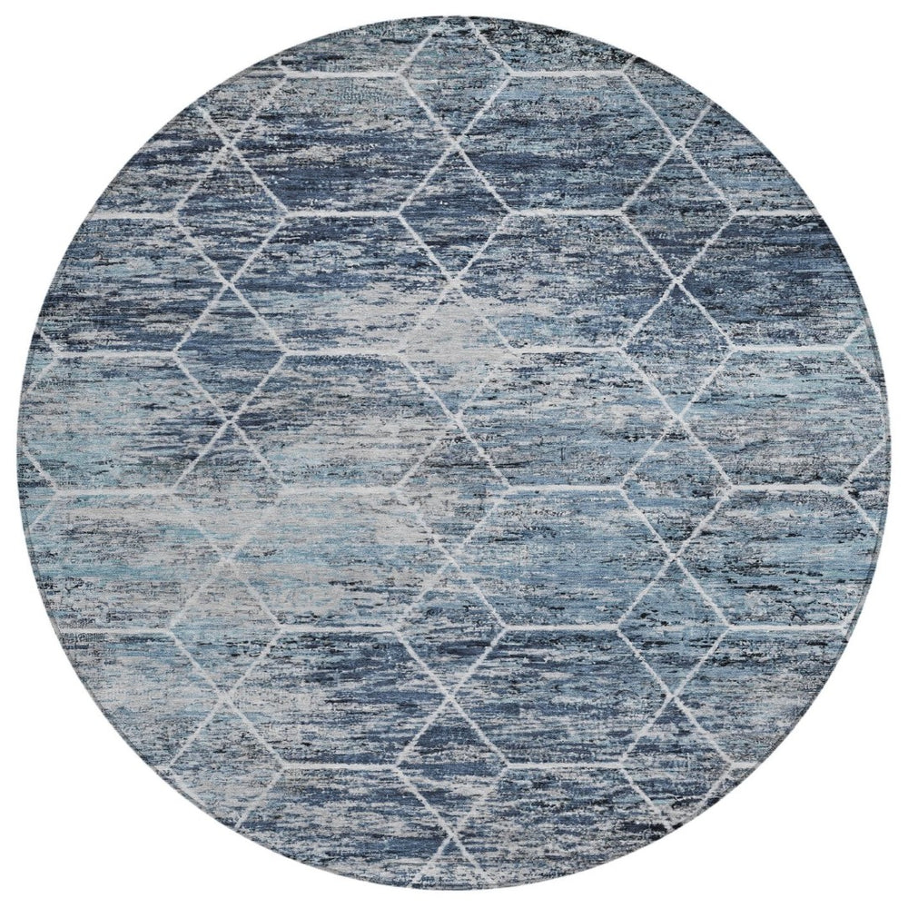 HomeRoots 8' Blue Gray Ivory Round Area Rug - Stylish Geometric Design, Washable & Durable for Indoor/Outdoor Use 618867