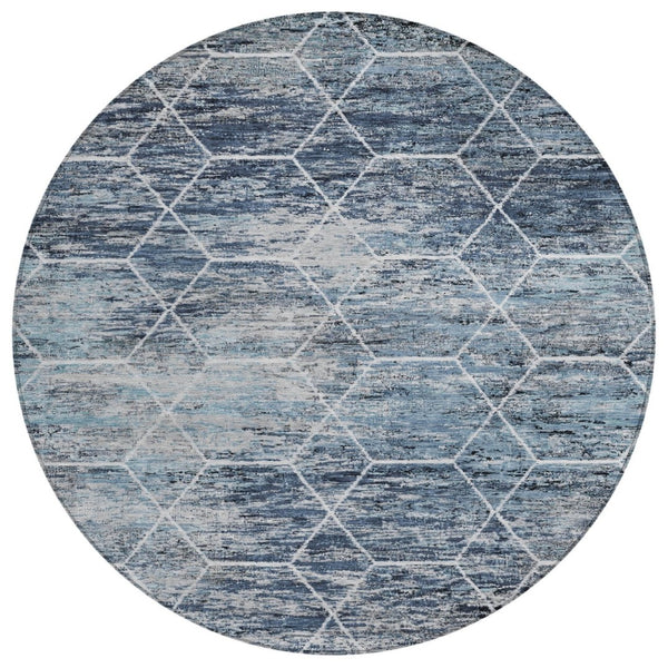 HomeRoots 8' Blue Gray Ivory Round Area Rug - Stylish Geometric Design, Washable & Durable for Indoor/Outdoor Use 618867