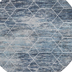 HomeRoots 8' Blue Gray Ivory Round Area Rug - Stylish Geometric Design, Washable & Durable for Indoor/Outdoor Use 618867
