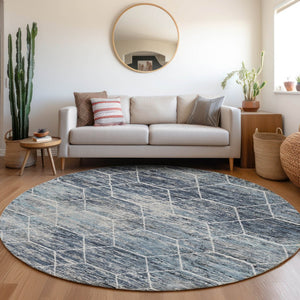 HomeRoots 8' Blue Gray Ivory Round Area Rug - Stylish Geometric Design, Washable & Durable for Indoor/Outdoor Use 618867