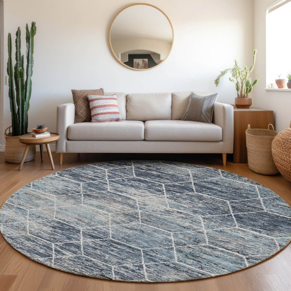 HomeRoots 8' Blue Gray Ivory Round Area Rug - Stylish Geometric Design, Washable & Durable for Indoor/Outdoor Use 618867