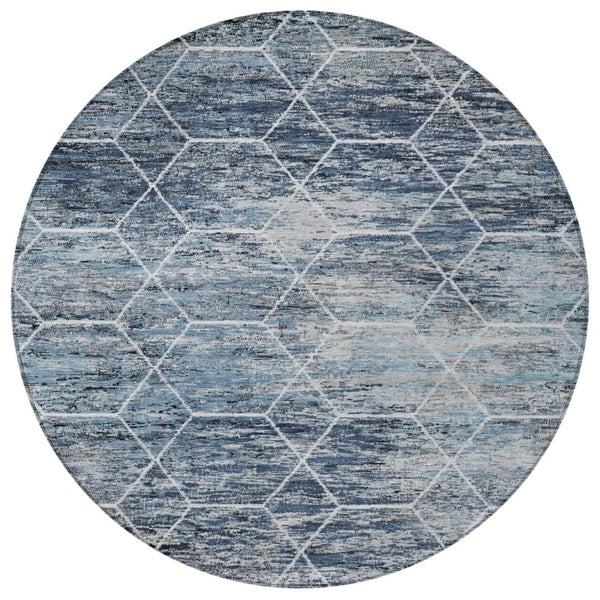 HomeRoots 8' Blue Gray Ivory Round Area Rug - Stylish Geometric Design, Washable & Durable for Indoor/Outdoor Use 618867