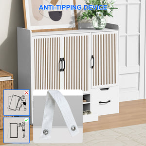 English Elm Multi-functional Shoe Cabinet with Adjustable Shelves, Stool & Retractable Toe-Kick Drawer, White Storage Organizer with Sturdy Top for Entryway and Hallway W3383P361254