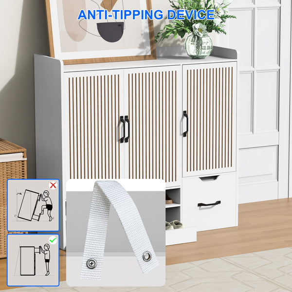 English Elm Multi-functional Shoe Cabinet with Adjustable Shelves, Stool & Retractable Toe-Kick Drawer, White Storage Organizer with Sturdy Top for Entryway and Hallway W3383P361254
