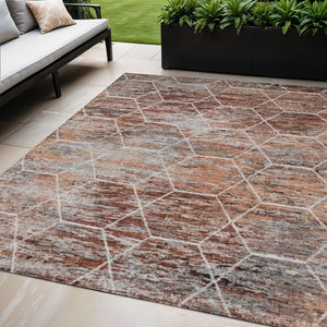 HomeRoots 5' X 8' Geometric Rust Gray Ivory Indoor Outdoor Rug - Durable, Machine Washable, Slip-Resistant Design 618890