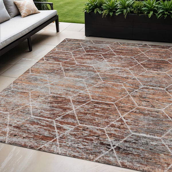 HomeRoots 5' X 8' Geometric Rust Gray Ivory Indoor Outdoor Rug - Durable, Machine Washable, Slip-Resistant Design 618890
