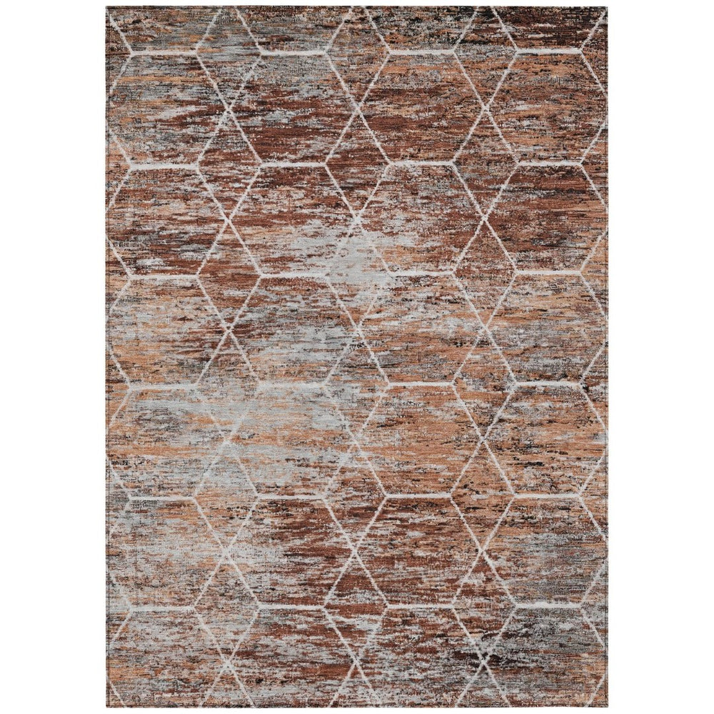 HomeRoots 5' X 8' Geometric Rust Gray Ivory Indoor Outdoor Rug - Durable, Machine Washable, Slip-Resistant Design 618890