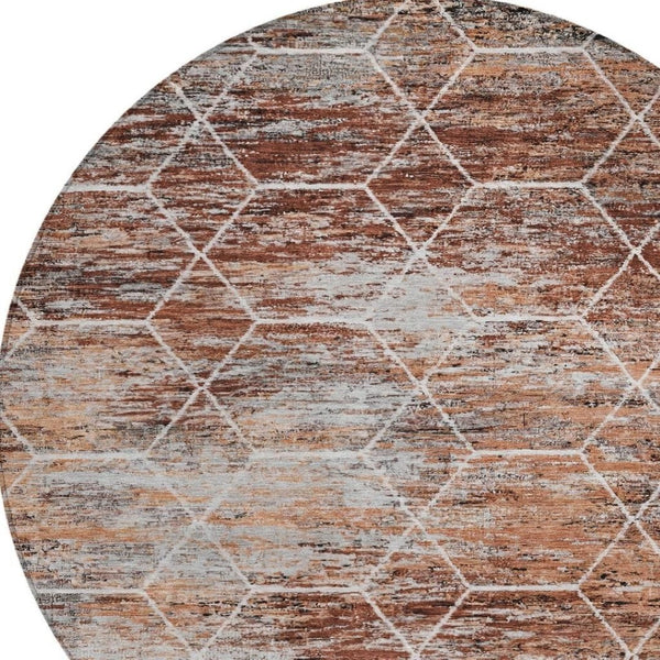 HomeRoots 8' Modern Rust Gray and Ivory Geometric Round Area Rug - Washable, Durable for Indoor & Outdoor Use! 618891