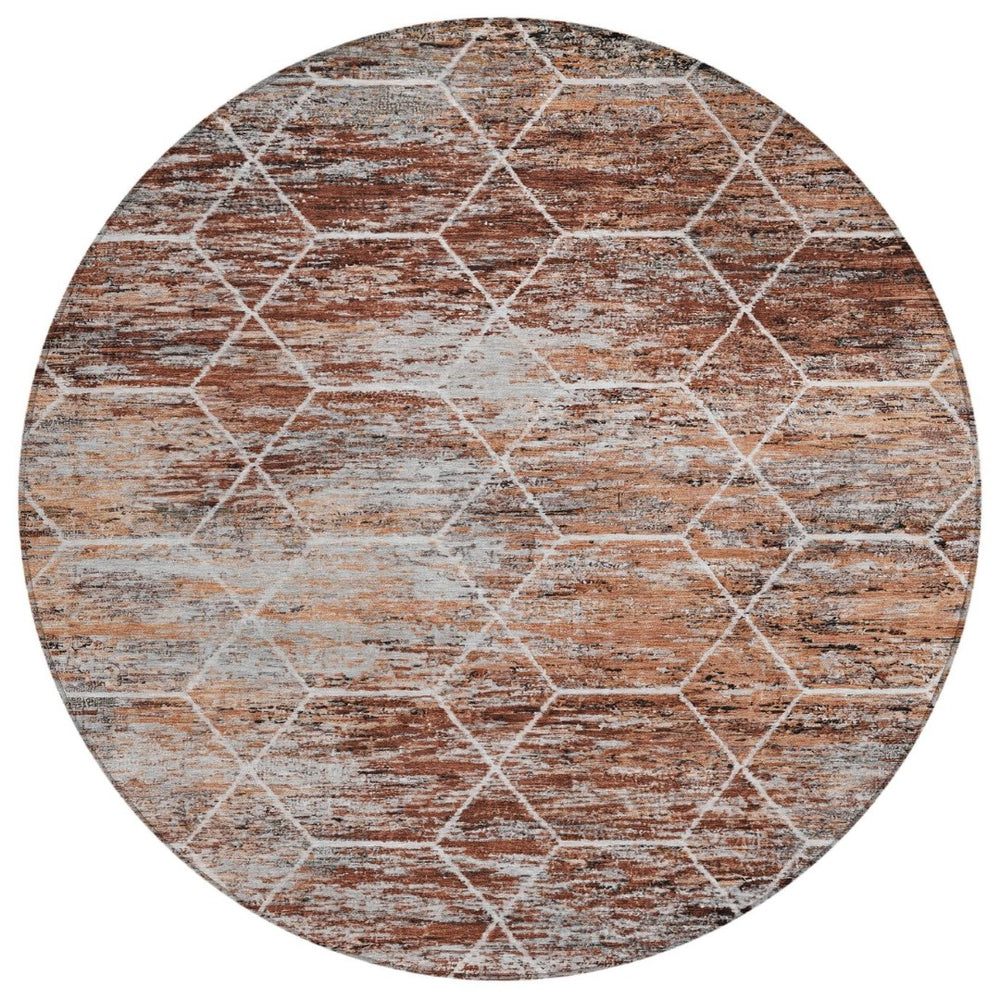 HomeRoots 8' Modern Rust Gray and Ivory Geometric Round Area Rug - Washable, Durable for Indoor & Outdoor Use! 618891