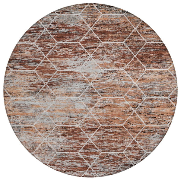 HomeRoots 8' Modern Rust Gray and Ivory Geometric Round Area Rug - Washable, Durable for Indoor & Outdoor Use! 618891
