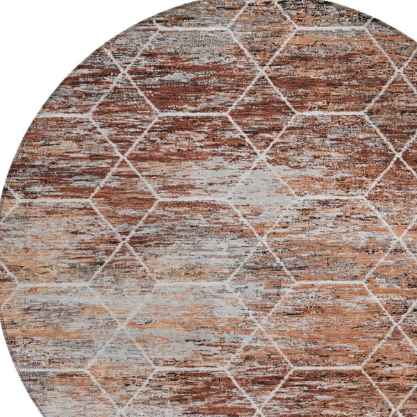 HomeRoots 8' Modern Rust Gray and Ivory Geometric Round Area Rug - Washable, Durable for Indoor & Outdoor Use! 618891