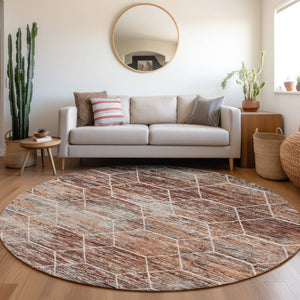 HomeRoots 8' Modern Rust Gray and Ivory Geometric Round Area Rug - Washable, Durable for Indoor & Outdoor Use! 618891