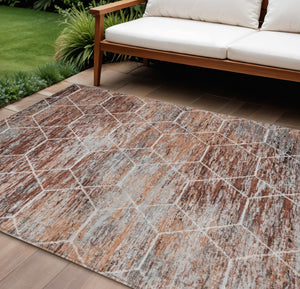 HomeRoots 8' X 10' Geometric Washable Area Rug in Rust Gray & Ivory - Durable, Stylish for Indoor & Outdoor Use 618892