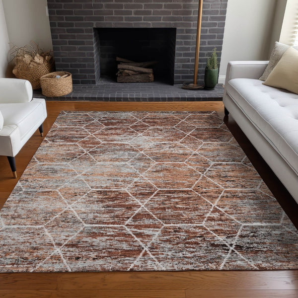 HomeRoots 8' X 10' Geometric Washable Area Rug in Rust Gray & Ivory - Durable, Stylish for Indoor & Outdoor Use 618892