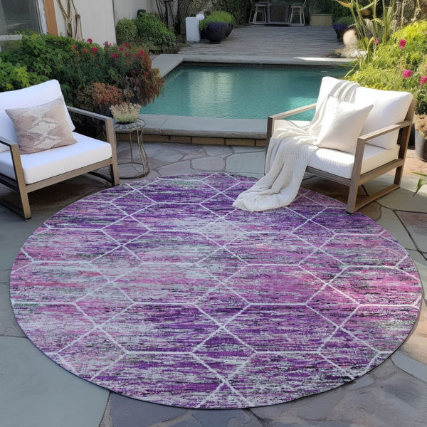 HomeRoots 8' Round Geometric Purple Lavender Ivory Area Rug - Washable, Durable, Stylish for Indoor & Outdoor Use 618897