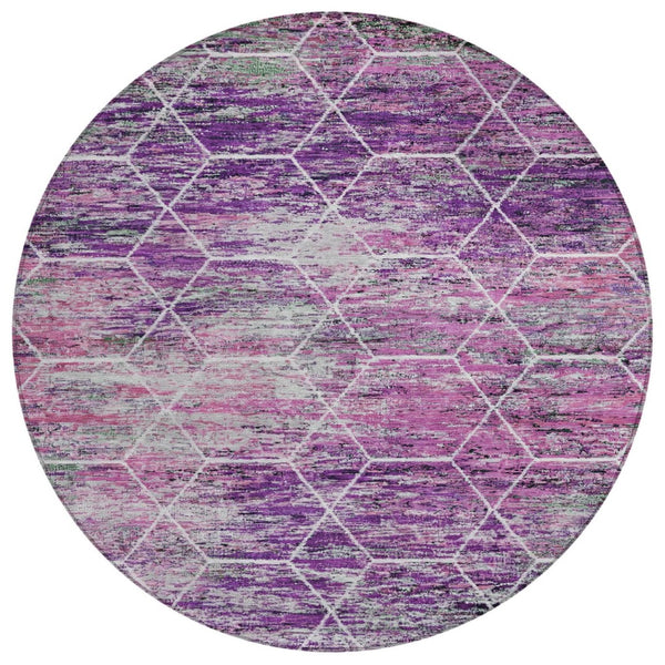 HomeRoots 8' Round Geometric Purple Lavender Ivory Area Rug - Washable, Durable, Stylish for Indoor & Outdoor Use 618897