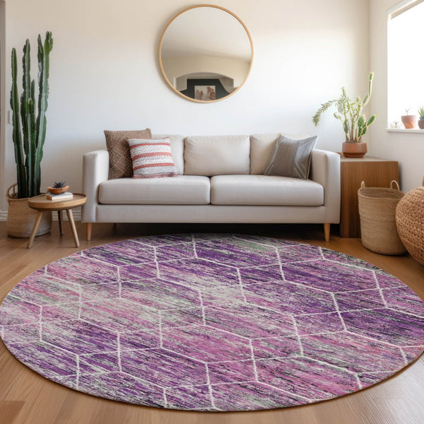 HomeRoots 8' Round Geometric Purple Lavender Ivory Area Rug - Washable, Durable, Stylish for Indoor & Outdoor Use 618897
