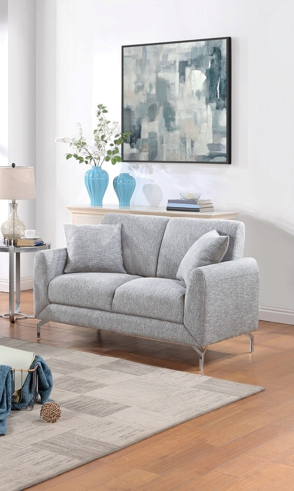 English Elm Elegant Burlap-Like 2pc Sofa Loveseat Set with Chrome Triangle Legs, Tight Seat/Back & Pillows Light Gray 75 L x 30 W x 21 H B011S01336