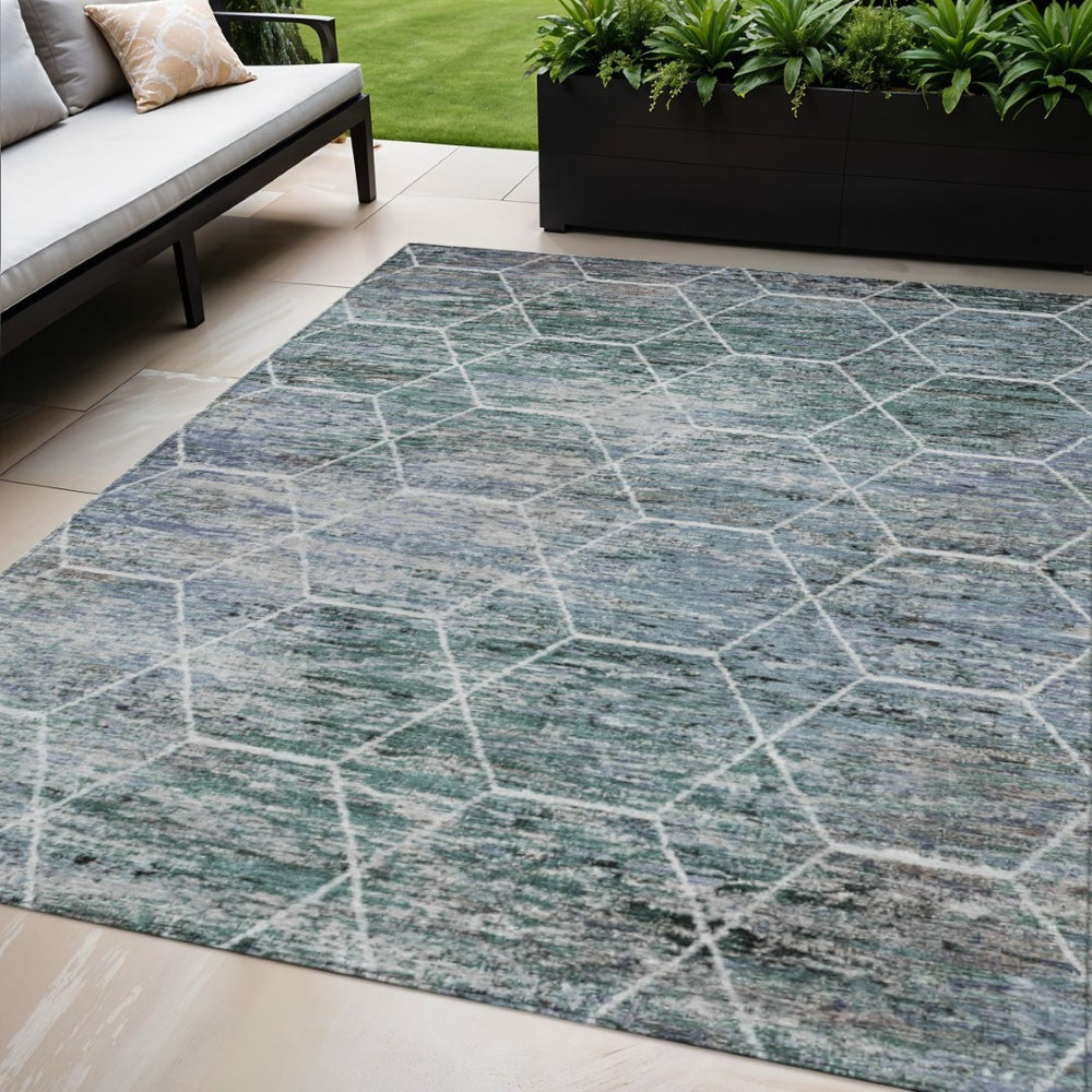 HomeRoots 5' Indoor Outdoor Teal Blue Gray Ivory Geometric Area Rug - Stylish, Washable, Durable & Versatile! 618908