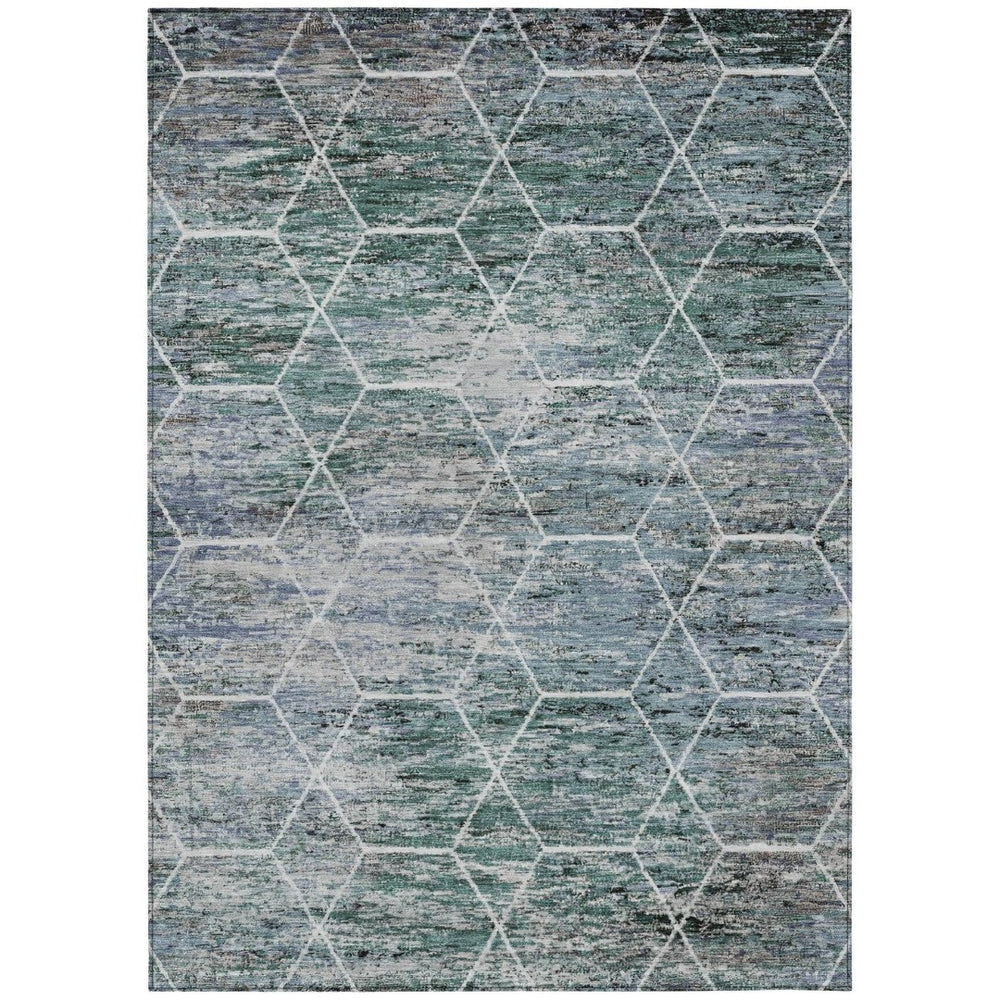 HomeRoots 5' Indoor Outdoor Teal Blue Gray Ivory Geometric Area Rug - Stylish, Washable, Durable & Versatile! 618908