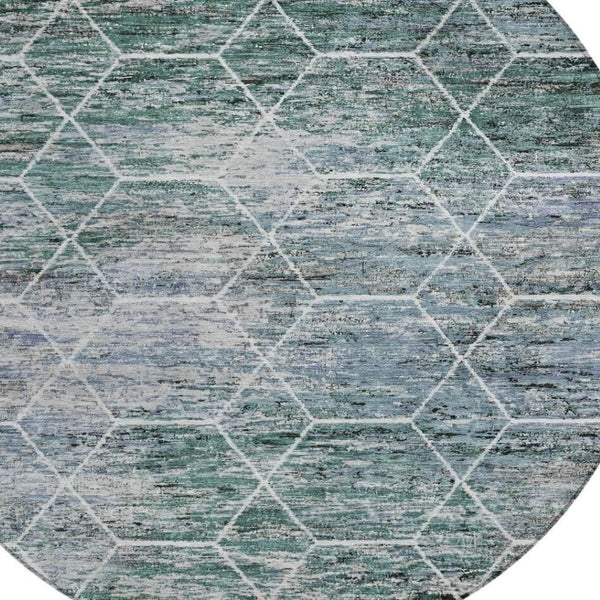 HomeRoots 8' Teal Blue Gray Ivory Round Geometric Rug - Stylish, Washable, Indoor-Outdoor Durability for All Spaces 618909