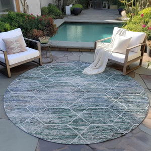 HomeRoots 8' Teal Blue Gray Ivory Round Geometric Rug - Stylish, Washable, Indoor-Outdoor Durability for All Spaces 618909