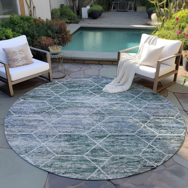 HomeRoots 8' Teal Blue Gray Ivory Round Geometric Rug - Stylish, Washable, Indoor-Outdoor Durability for All Spaces 618909