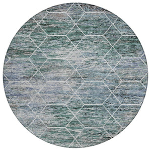 HomeRoots 8' Teal Blue Gray Ivory Round Geometric Rug - Stylish, Washable, Indoor-Outdoor Durability for All Spaces 618909