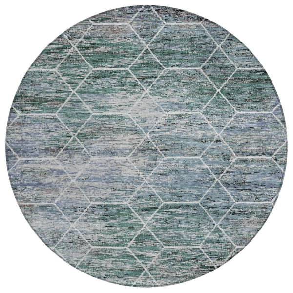 HomeRoots 8' Teal Blue Gray Ivory Round Geometric Rug - Stylish, Washable, Indoor-Outdoor Durability for All Spaces 618909