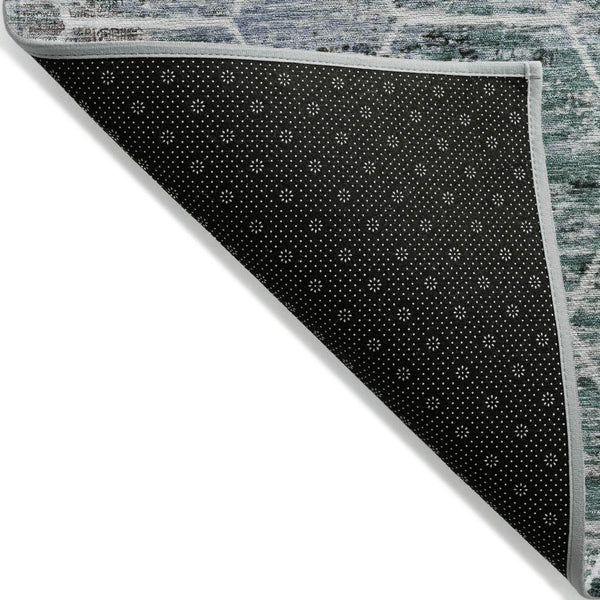 HomeRoots 8' Teal Blue Gray Ivory Round Geometric Rug - Stylish, Washable, Indoor-Outdoor Durability for All Spaces 618909