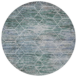 HomeRoots 8' Teal Blue Gray Ivory Round Geometric Rug - Stylish, Washable, Indoor-Outdoor Durability for All Spaces 618909
