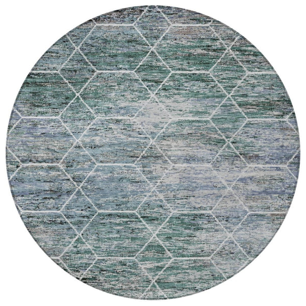 HomeRoots 8' Teal Blue Gray Ivory Round Geometric Rug - Stylish, Washable, Indoor-Outdoor Durability for All Spaces 618909