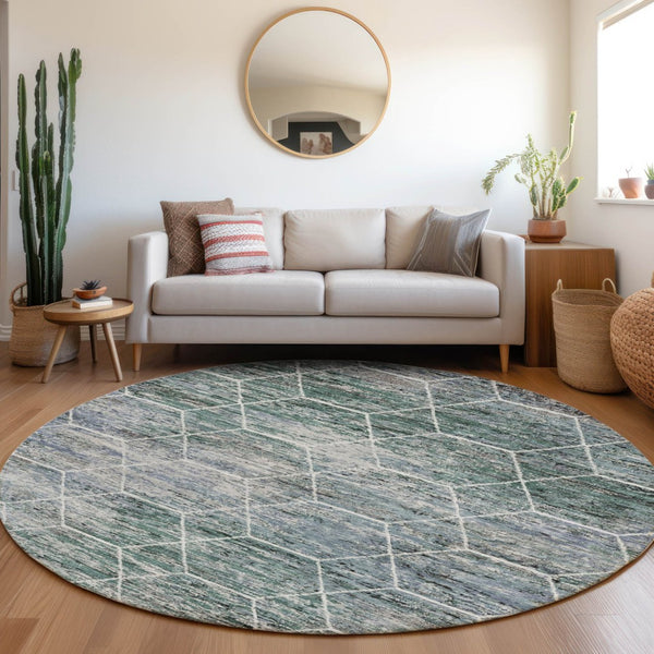 HomeRoots 8' Teal Blue Gray Ivory Round Geometric Rug - Stylish, Washable, Indoor-Outdoor Durability for All Spaces 618909