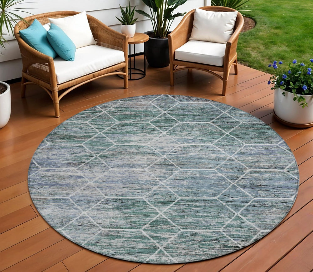 HomeRoots 8' Teal Blue Gray Ivory Round Geometric Rug - Stylish, Washable, Indoor-Outdoor Durability for All Spaces 618909