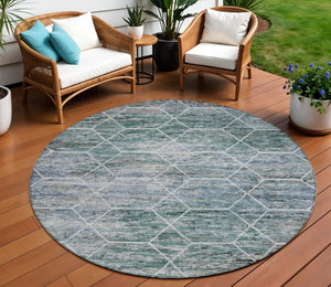 HomeRoots 8' Teal Blue Gray Ivory Round Geometric Rug - Stylish, Washable, Indoor-Outdoor Durability for All Spaces 618909