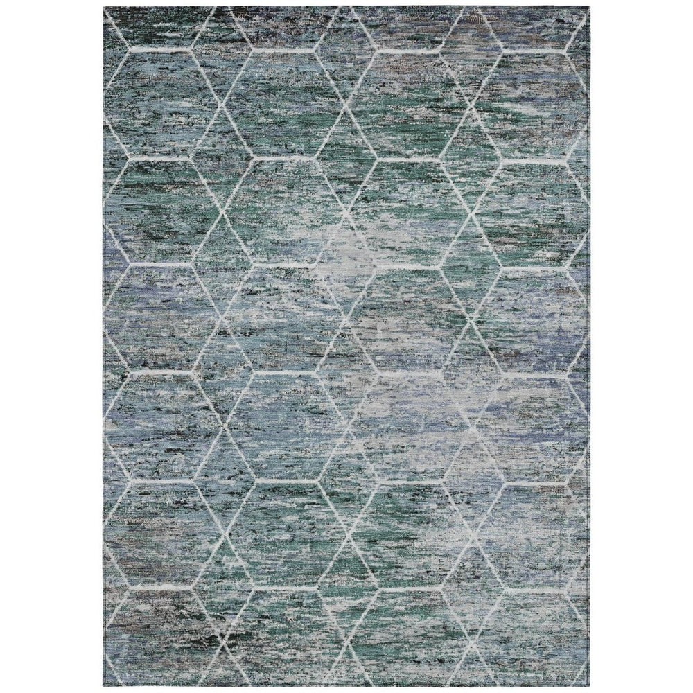 HomeRoots 8' X 10' Teal Blue, Gray & Ivory Geometric Area Rug - Stylish, Washable & Durable for Indoor/Outdoor Use 618910