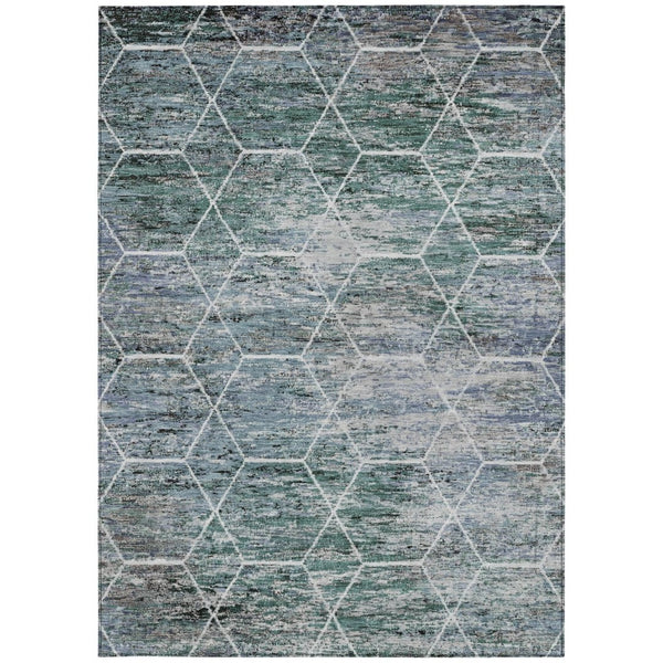 HomeRoots 8' X 10' Teal Blue, Gray & Ivory Geometric Area Rug - Stylish, Washable & Durable for Indoor/Outdoor Use 618910