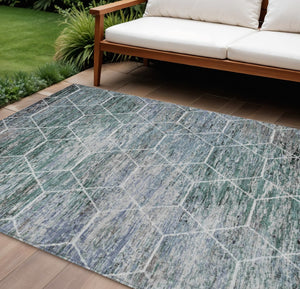 HomeRoots 9' Teal Blue, Gray & Ivory Geometric Rug - Washable Indoor/Outdoor, Stain-Resistant, Durable Style 618911