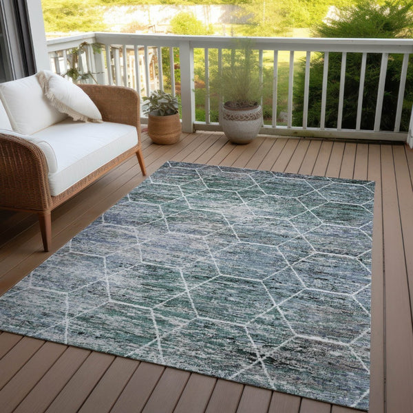 HomeRoots 9' Teal Blue, Gray & Ivory Geometric Rug - Washable Indoor/Outdoor, Stain-Resistant, Durable Style 618911