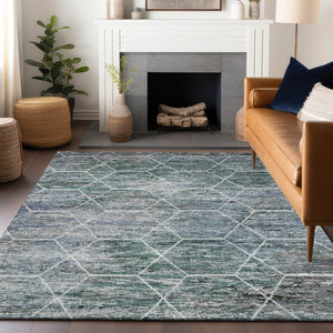 HomeRoots 9' Teal Blue, Gray & Ivory Geometric Rug - Washable Indoor/Outdoor, Stain-Resistant, Durable Style 618911